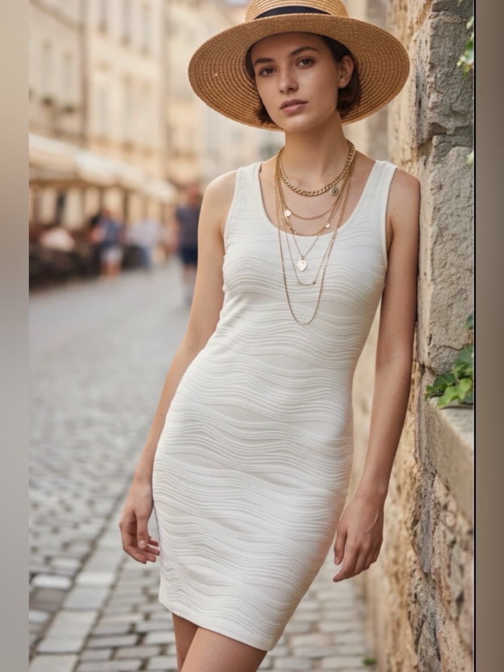 White Wavy Ribbed Fitted Dress NWOT